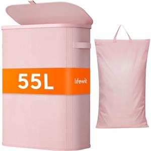 Lifewit Cesto Portabiancheria, Cesta Panni Sporchi con coperchio, Laundry Basket con Plastica Manici, Porta Biancheria Sporca per Bagno, Lavanderia, Camera da Letto, 55 L, Rosa