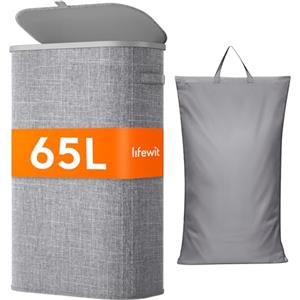 Lifewit Cesto Portabiancheria, Cesta Panni Sporchi con coperchio, Laundry Basket con Plastica Manici, Porta Biancheria Sporca per Bagno, Lavanderia, Camera da Letto, 65 L, Grigio Chiaro