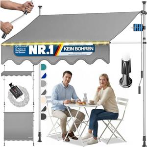 KESSER® Tenda da sole con manovella e catena luminosa a LED, tenda da sole senza fori, resistente ai raggi UV, regolabile in altezza e impermeabile, protezione solare per balcone, terrazza e giardino