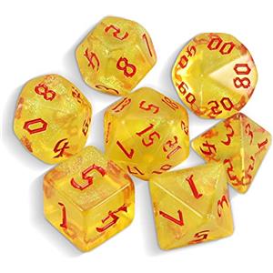 QMAY DND Dice Polyhedral Dice Set - 7 pezzi per Dungeon and Dragons MTG RPG D&D D20, D12, D10, D%, D8, D6, D4 (giallo traslucido + glitter)