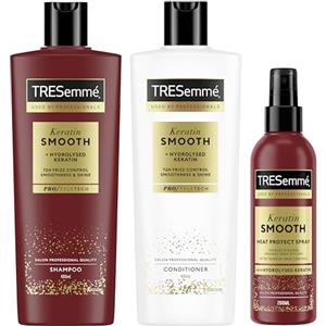 TRESemmé Shampoo, Balsamo e Spray Termoprotettore Keratin Smooth set per la cura dei capelli anticrespo con cheratina idrolizzata 400 ml + 400 ml + 200 ml 3 pz