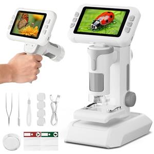 HEWEIMEI 1600X Microscopio bambini, Schermo IPS da 4,0 Pollici Microscopio Digitale con 6 luci LED Regolabili e Vetrini, ARegali di Natale Compleanno e Capodanno per Bambini dai 3 ai 14 Anni (Grigio)