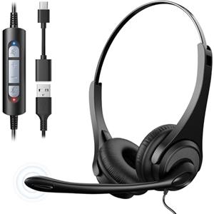 Voistek USB Cuffie con Microfono per PC, USB-C/A Leggeri On-Ear Headset con Microfono Cancellazione del Rumore per Call Center, Ufficio, Videoconferenze, Lavoro, Home Office, Corsi Online