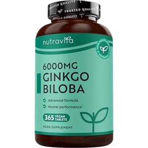 Nutravita Ginkgo Biloba 6000 mg - 365 Compresse Vegane per 1 Anno - Ginkgo di Qualità Premium ad Alto Dosaggio - Estratto di Ginkgo Altamente Concentrato - Estratto 50:1 - 24% di Flavonoglicosidi