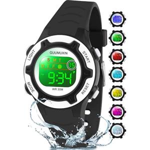 GUUMUXIN Orologio Digitale per Bambino e Bambina, Orologio Sportivo per Bambini, Con Indicatore Luminoso a 7 Colori, Impermeabile 3 ATM, Cinturino da Polso per Ragazze e Ragazzi 5-16 Anni