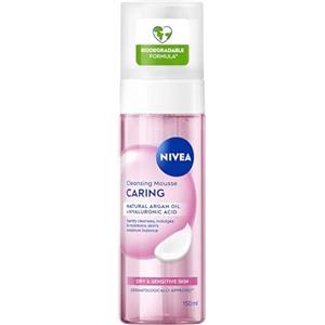 NIVEA Mousse Detergente Viso Nutriente 150 ml, Schiuma detergente viso con Olio di Argan e Acido Ialuronico idratanti e lenitivi, Foaming cleanser per una skincare per pelle secca e sensibile