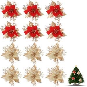 UCFBWO 12 decorazioni per albero di Natale con brillantini, fiori di Natale, decorazioni natalizie, decorazioni per albero di Natale