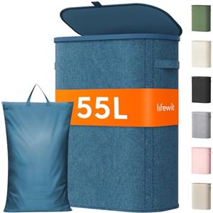Lifewit Cesto Portabiancheria, Cesta Panni Sporchi con coperchio, Laundry Basket con Plastica Manici, Porta Biancheria Sporca per Bagno, Lavanderia, Camera da Letto, 55 L, Blu