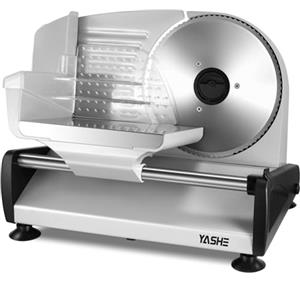 YASHE Affettatrice Elettrica Da Casa, Lama Dentata Inox Rimovibile 19cm | Spessore Regolabile 0-15mm, Blocco di Sicurezza, Piedini a Ventosa Antiscivolo, Formaggio e Pane, 150W