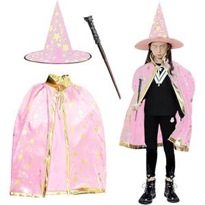 FainFun Wizard Cape Witch Costume da mago per bambini, mantello con cappello, halloween strega, mantello mago, nero, sacchetti di caramelle in feltro, per bambini cosplay party (rosa)