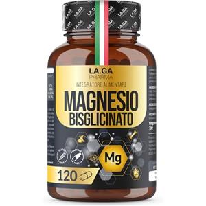 LA.GA MAGNESIO BISGLICINATO (Fornitura Fino a 4 Mesi), Magnesio Completo 120 Capsule con Vitamine B5, B6 e B1. Integratore Stanchezza e Stress. Senza Glutine e Senza Lattosio, Made In Italy. LAGA PHARMA