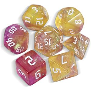 QMAY DND Dice Polyhedral Dice Set - 7 pezzi per Dungeon and Dragons MTG RPG D&D D20, D12, D10, D%, D8, D6, D4 (giallo misto con viola + glitter)