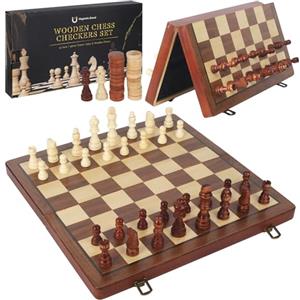 JIYANA Scacchiera in Legno di Noce 2 in 1 39x39 cm, Scacchiera Magnetica Professionale Pieghevole Portatile con 2 Regine Extra, Scacchi in Legno per Bambini e Adulti Viaggi e Feste