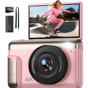 SIIOOE 4K Macchina Fotografica Digitale Fotocamera: 64MP Compatta Videocamera Vlog con 16X Zoom Autofocus - Regali per Principianti Adulti - 180° Flip Macchine Fotografiche Ragazze Ragazzi Rosa