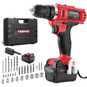 TEENO 21V trapano avvitatore, coppia massima 40 Nm, 18+1 livelli di regolazione della coppia, 2 velocità, illuminazione a LED, adatto per lavori di bricolage, colore rosso