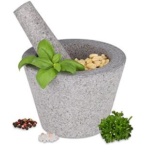 Relaxdays Mortaio e Pestello in Granito, HxD 10x14 cm, Macina Spezie, Pesto di Basilico, Cocktail Mojito, Grigio Chiaro, 10 x 14 x 14 cm