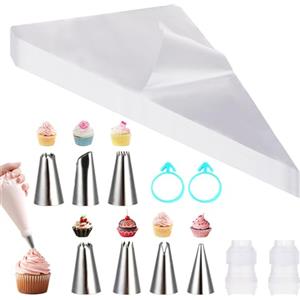 CRESZZLE sac a Poche Professionali - 100 Saccapoche USA e Getta 30x20CM + 6 Beccucci sac a Poche + 2 Accoppiatori per Torte + 2 Legacci in Silicone, Set Grande per Decorare Torte, Biscotti e Cupcake