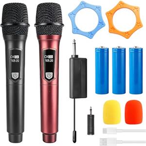 Leikurvo Set microfono senza fili, doppio microfono, microfono a mano, ricaricabile, dinamico con ricevitore, portata di ricezione 20 m, microfono karaoke, microfono per palcoscenico, conferenza, KTV a casa