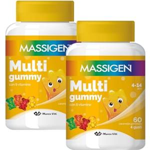 Massigen - Multi Gummy, Multivitaminico per Bambini 4-14 Anni, Due Confezioni da 60 Caramelle, Vitamine Gommose con Vitamina A, C, E, D, B6, B12 e Acido Folico, Quattro Gusti, Senza Glutine e Lattosio