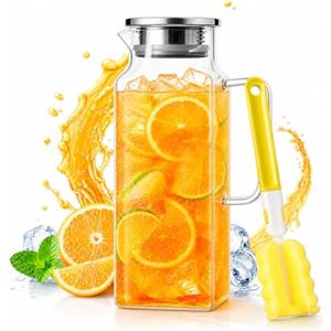 FTISSLY Caraffa in Vetro con Spazzola per Tazze, 2 Litri Trasparente Caraffa in Vetro Caraffa Vetro con Coperchio Bottiglie Vetro Borosilicato Brocca in Vetro Resistente Calore per Acqua Calda Fredda