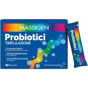 Massigen Probiotici - Integratore Alimentare con 8 Miliardi di Fermenti Lattici e Vitamina D - 12 Stickpack
