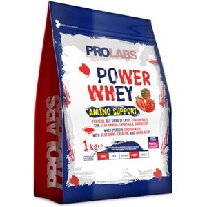 PROLABS - Proteine in Polvere POWER WHEY AMINO SUPPORT Concentrate Ricche di Aminoacidi Essenziali e BCAA - Whey Protein + Creatina, Glutammina e Vitamina B6 per Crescita, Forza, Recupero 1kg, Fragola