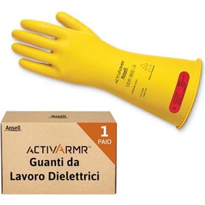 Ansell ActivArmr Guanti Dielettrici per Elettricisti, Classe 0 (Tensione fino 1000V), Protezione per Lavori Elettrici, Lattice di Gomma Isolante, 36cm, Giallo, Taglia M (1 Paio)