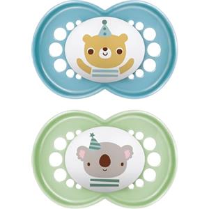 MAM Original Succhietto 6+ Mesi (Set da 2), Ciuccio MAM 6-16 mesi con tettarella ortodontica in silicone, Kit da 2 accessori neonato con pratico porta ciuccio sterilizzatore, Azzurro/Verde