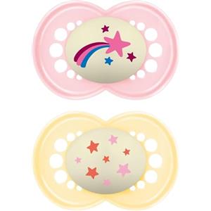 MAM Original Night Succhietto 16+ Mesi (Set da 2), Ciuccio MAM 16 36 mesi silicone e ortodontico che si illumina al buio, Kit da 2 accessori neonato con porta ciuccio sterilizzatore, Rosa/Giallo