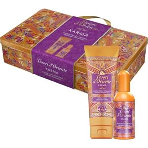 Tesori d'Oriente, Karma Set Regalo, Include Doccia Crema 250 ml e Profumo Aromatico 100 ml, Fragranza Fresca e Floreale, Note di Bergamotto, Nashi, Vaniglia e Fava Tonka, Cofanetto in Latta