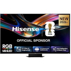 Hisense Smart TV RGB MiniLED 180Hz 85" 4K 85UR9S, Schermo Anti-Riflesso, 100% BT2020, Dolby Atmos 4.1.2 By Devialet, Dolby Vision IQ, VIDAA OS, USB-C, Native 180Hz Game Mode, Wifi 6E, BT, lativù 4K