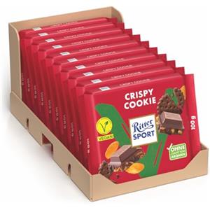 RITTER SPORT Crispy Cookie Vegan, Tavoletta di Cioccolato con Farina di Mandorle, Cacao, Cornflakes e Biscotto, 10 Pezzi x 100 g
