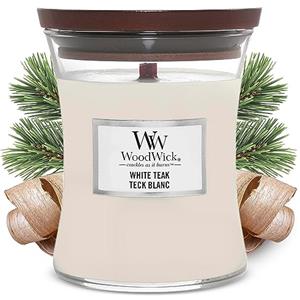 WoodWick Candela profumata in vaso a clessidra media con stoppino crepitante | Tek bianco | Durata della fragranza: fino a 60 ore