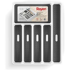Rayen | Organizzatore di posate | 6 scomparti | Organizzatore per cassetti da cucina | Piedini antiscivolo | Prolipopilene | Bianco | Misura: 40 x 32,5 x 5 cm