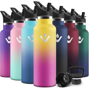 Motswedi Borraccia Termica Bambini, 500ml Con 2 Tappi, Borraccia con Cannuccia, Doppia Parete, Bottiglia Termica, A Prova di Perdite, Bottiglia acqua Per Scuola, Campeggio, Palestra, Giallo Rosa