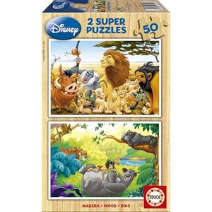 Educa - Puzzle Legno Disney Amici Animali | 2x50 pezzi Puzzle Legno | Re Leone, Libro Giungla | dai 4 anni (13144)