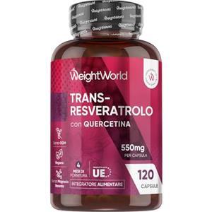 WeightWorld Resveratrolo con Quercetina, 120 Capsule Vegane, 1 Capsula al Giorno (per 4 Mesi), 550mg Trans Resveratrolo 98% e Quercetina Complex, Poligono del Giappone (Knotweed), Senza Magnesio Stearato né OGM