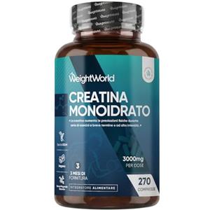 WeightWorld Creatina Monoidrata Vegana, 3000mg per Dose (3 Mesi di Scorta) Senza Magnesio Stearato, Uomini e Donne, Pre Workout, Intra, Post Workout, 270 Creatina Compresse Senza Glutine né Coloranti Artificiali