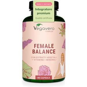 Vegavero FEMALE BALANCE | 180 capsule | per Squilibrio Ormonale con Agnocasto, Maca, Magnesio, Acido Folico, Vitamine e Minerali | Amenorrea e PMS | Vegan e Senza Additivi