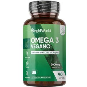 WeightWorld Omega 3 Vegan in 90 Softgel da 2000 mg, DHA ed EPA Contribuiscono al Mantenimento di Livelli Normali di Trigliceridi nel Sangue (EFSA), Omega3 Vegetale da Olio Algale, DHA, EPA, Senza Glutine né OGM