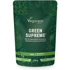 Vegavero Green Supreme Polvere Vegana | Superfood, Fibre e Fermenti Lattici | Con Moringa, Spirulina, Clorella, Erba d'Orzo, Ashwagandha, Rodiola, Bromelina, Rhodiola | 270g | 1 Mese | Senza Additivi | No OGM
