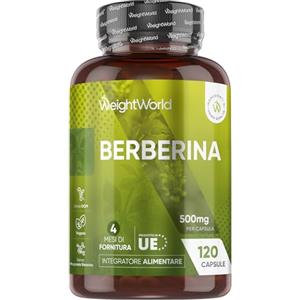WeightWorld Berberina Vegana, 4 Mesi di Scorta, 1 Capsula al Giorno, Integratore Berberina 500 mg Pura 85%, 120 Capsule, Berberine Proveniente dalla Berberis Aristata, Senza Magnesio Stearato, Prodotto in Europa
