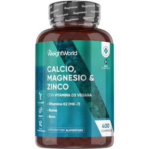 WeightWorld Magnesio Zinco Calcio Vegano con Vitamina D3 K2 MK-7, 400 Compresse (13+ Mesi di Fornitura), 1 al Giorno, Calcio Magnesio Zinco Integratore, Complex Contenente Minerali Come Rame e Selenio, Senza OGM