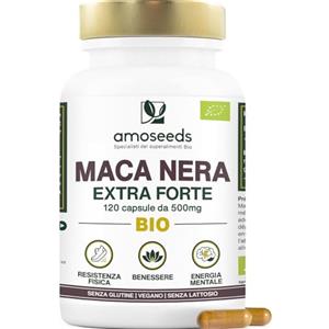 Amoseeds Maca Peruviana Nera BIO, 10 000mg al giorno | Estratto di radice di Qualità superiore | Equilibrio Ormonale, Energia, Benessere, | 120 Maca Capsule Vegane
