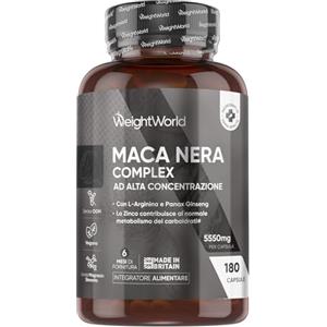 WeightWorld Maca Peruviana, 180 Capsule Vegane, 1 al Giorno (6 Mesi), Estratto 100:1, Maca Nera Complex con L Arginina, Zinco come Zinco Citrato, Panax Ginseng, Pepe Nero, Senza Magnesio Stearato, Senza Glutine