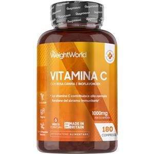 WeightWorld Vitamina C 1000mg Vegana con Rosa Canina, 180 Compresse per 6 Mesi (1 Sola al Giorno), Integratore Vitamina C (Acido Ascorbico) e Bioflavonoidi da Citrus Aurantium, Senza Magnesio Stearato e Glutine