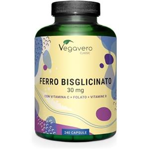 Vegavero Integratore FERRO 30mg | con Vitamina C, Acido Folico, B12, B2, B6 | 240 capsule | Anemia, Mestruazioni, Stanchezza, Difese Immunitarie | Senza Additivi | Vegan | Vegavero®