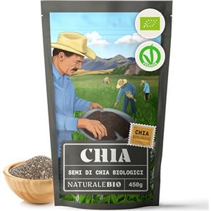 NaturaleBio Semi di Chia 450g. Semi di chia biologici per la perdita di peso e per la salute dell'apparato digerente. Ricchi di omega-3, antiossidanti e minerali. Supportano cuore, ossa e muscoli.