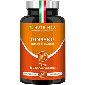 Plastimea Ginseng Rosso e Bianco | Integratore 100% Naturale | Con 15% di Ginsenosidi | Energia e Concentrazione | Riduce la Stanchezza | 60 Capsule