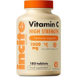 Incite Nutrition Compresse alla Vitamina C 1000 mg. Fornitura da 6 Mesi di Vitamina C ad Alta Concentrazione. Supporta le Difese Immunitarie e il Sistema Nervoso. Adatto per Vegani e Vegetariani.